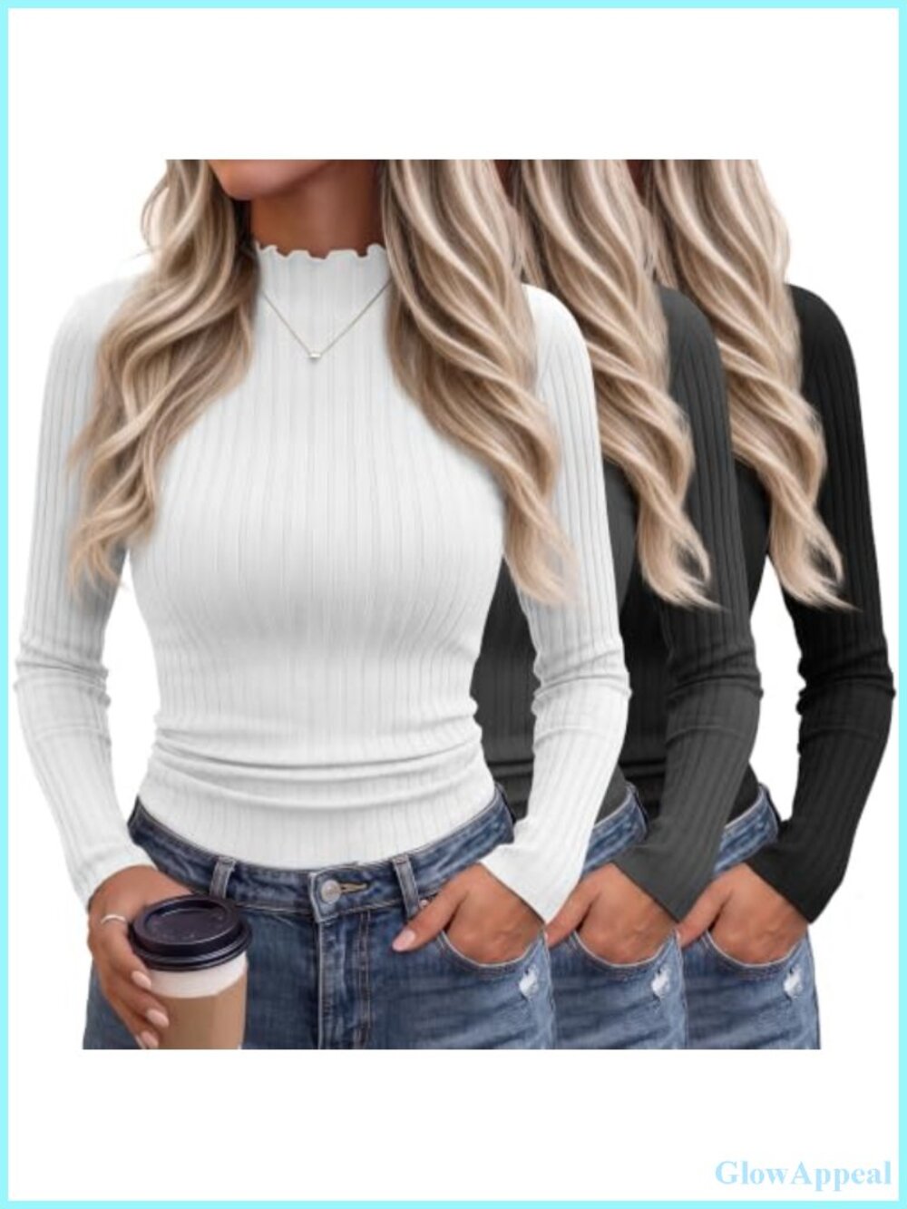 3 Pack Women's Ribbed Mock Turtleneck Long Sleeve Fitted Tops